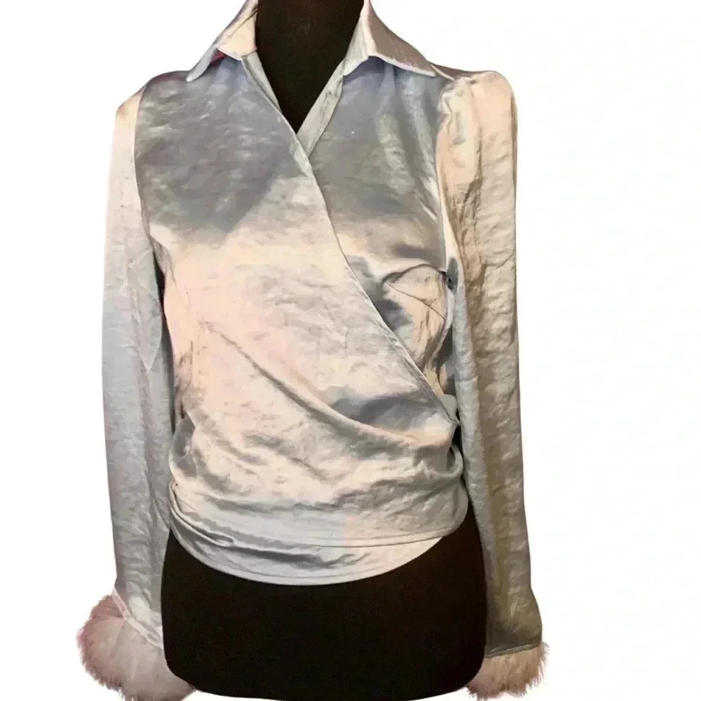 Sky Blue Wrap top with feather detail on sleeves, size small